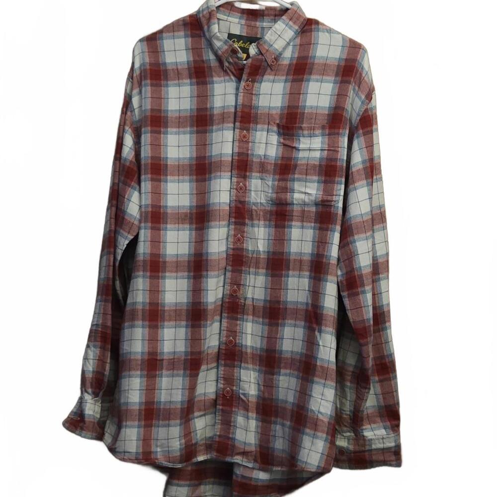 Cabela’s Men’s Red Plaid Flannel Shirt Button Front Long Sleeve Size L Tall